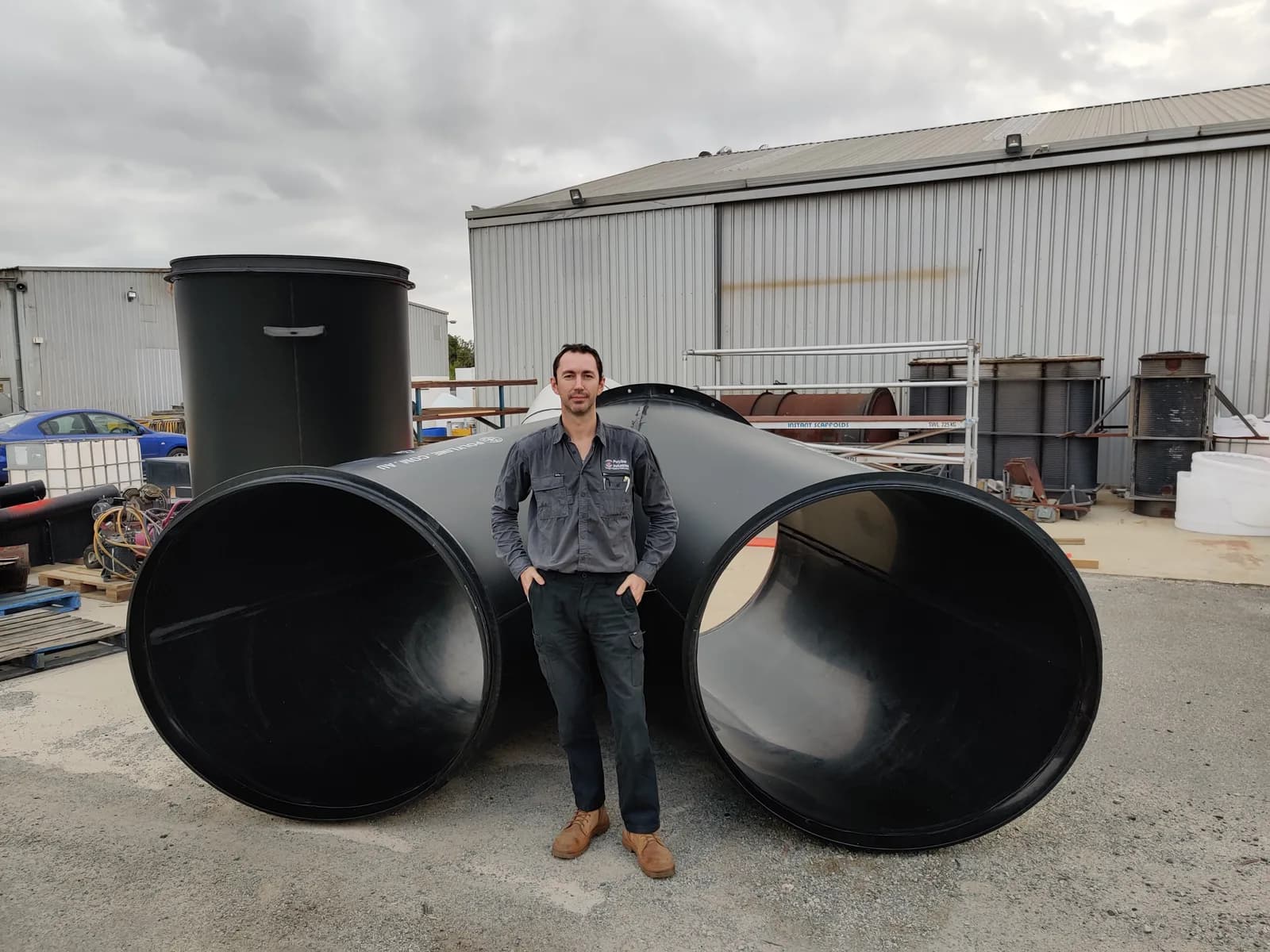 Fabricated trouser-Y Polyduct duct, installed