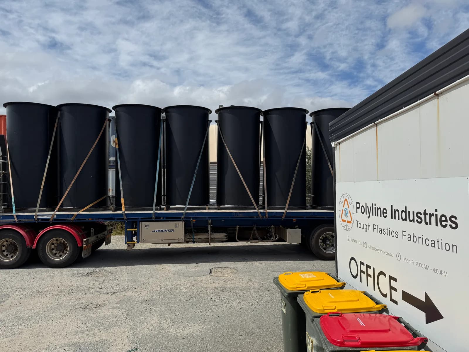 Loaded trailer of finished HDPE duct sections beside the Polyline office in Jandakot