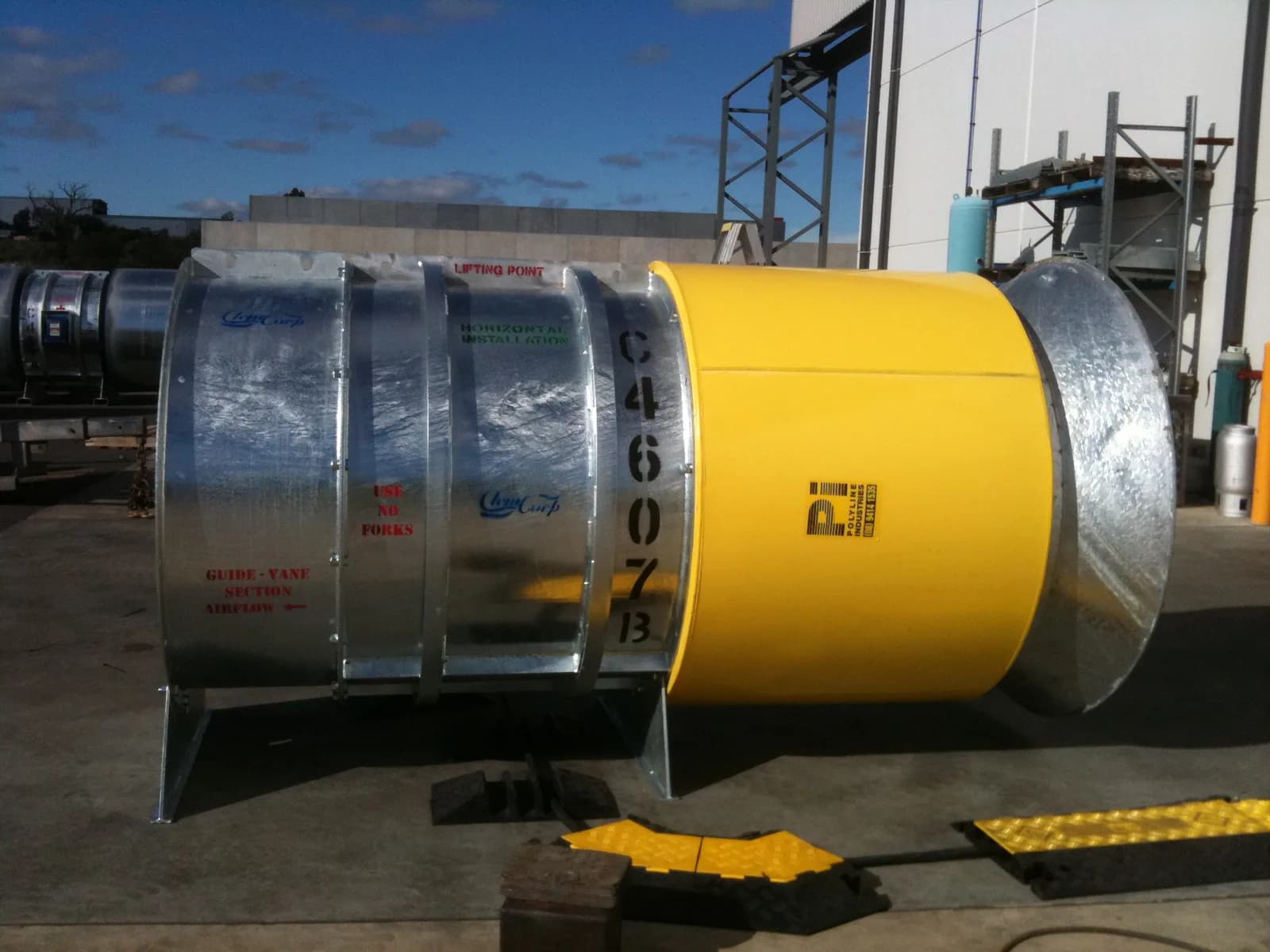 HDPE-cased fan silencer in hi-vis yellow