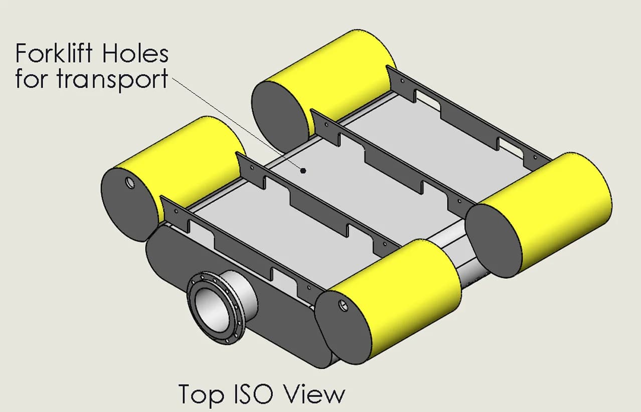 Modular pontoon platform — top ISO view showing forklift holes for transport