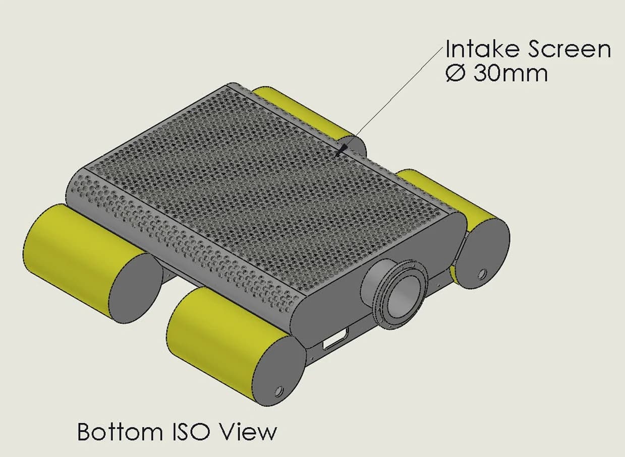 Pontoon intake unit — bottom ISO view with Ø30 mm intake screen