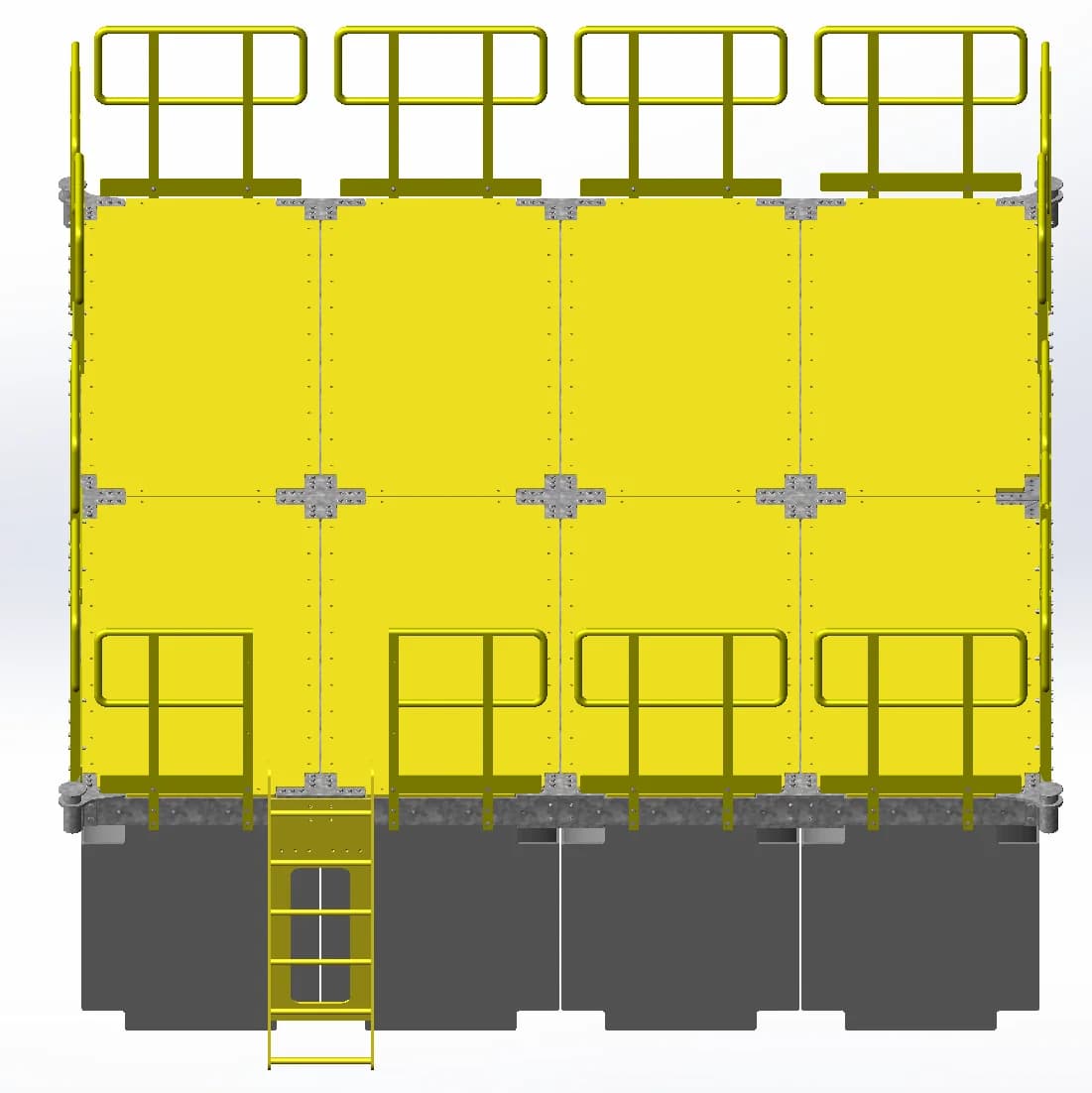 Modular pontoon — front elevation render with ladder and handrails