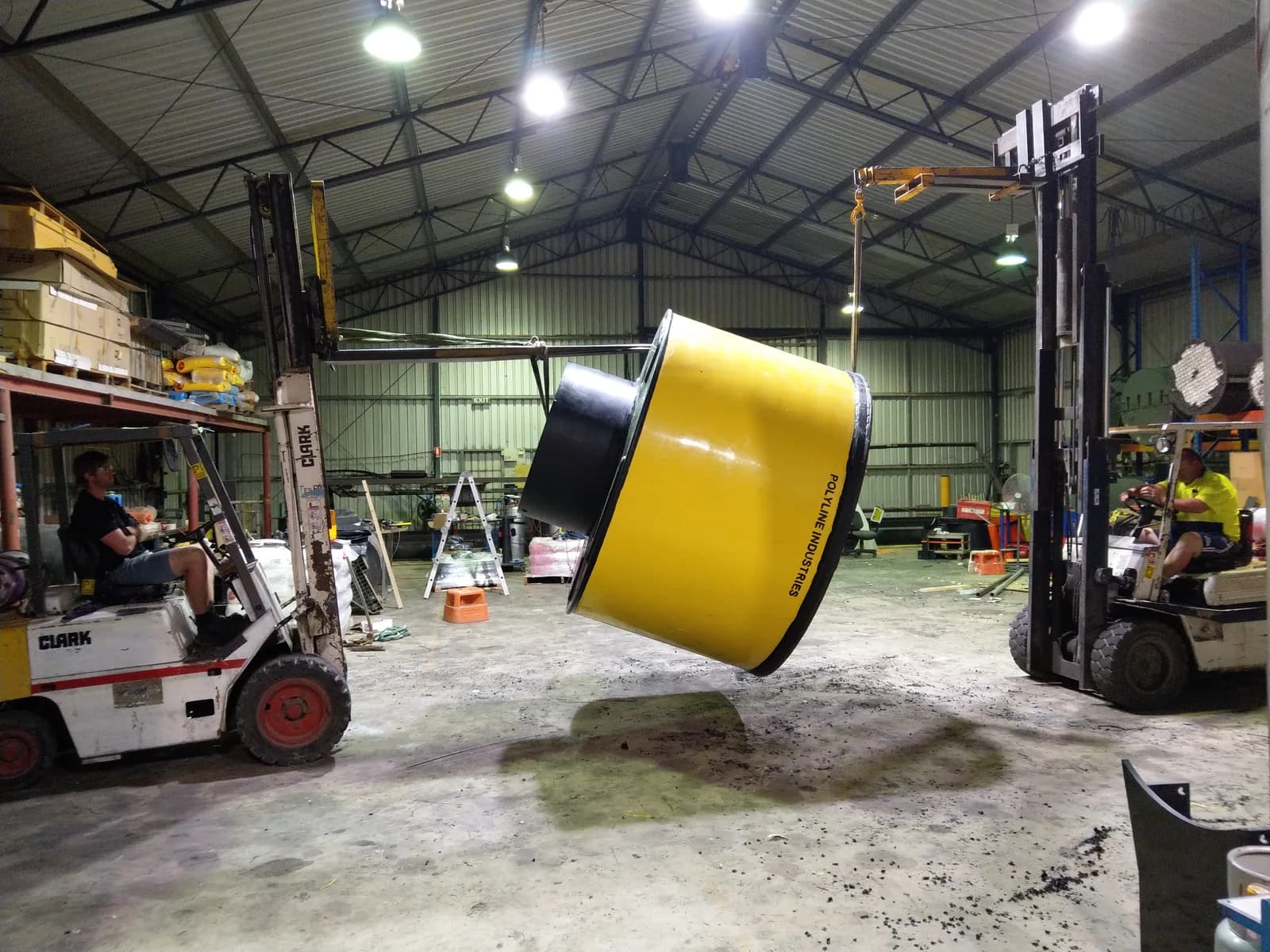 7-tonne HDPE pontoon flotation buoy — workshop view 1