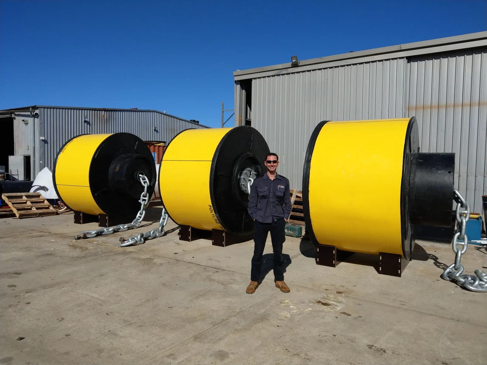7-tonne HDPE pontoon flotation buoy — workshop view 2