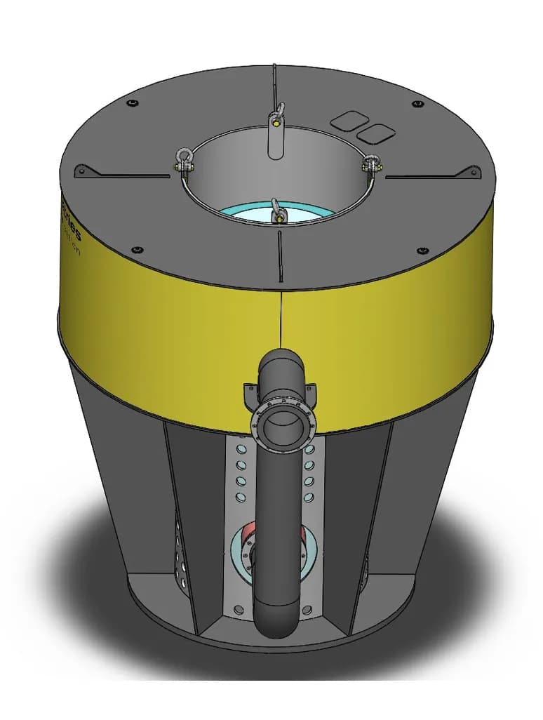 Pump float 3D model with yellow float collar and bottom discharge pipe