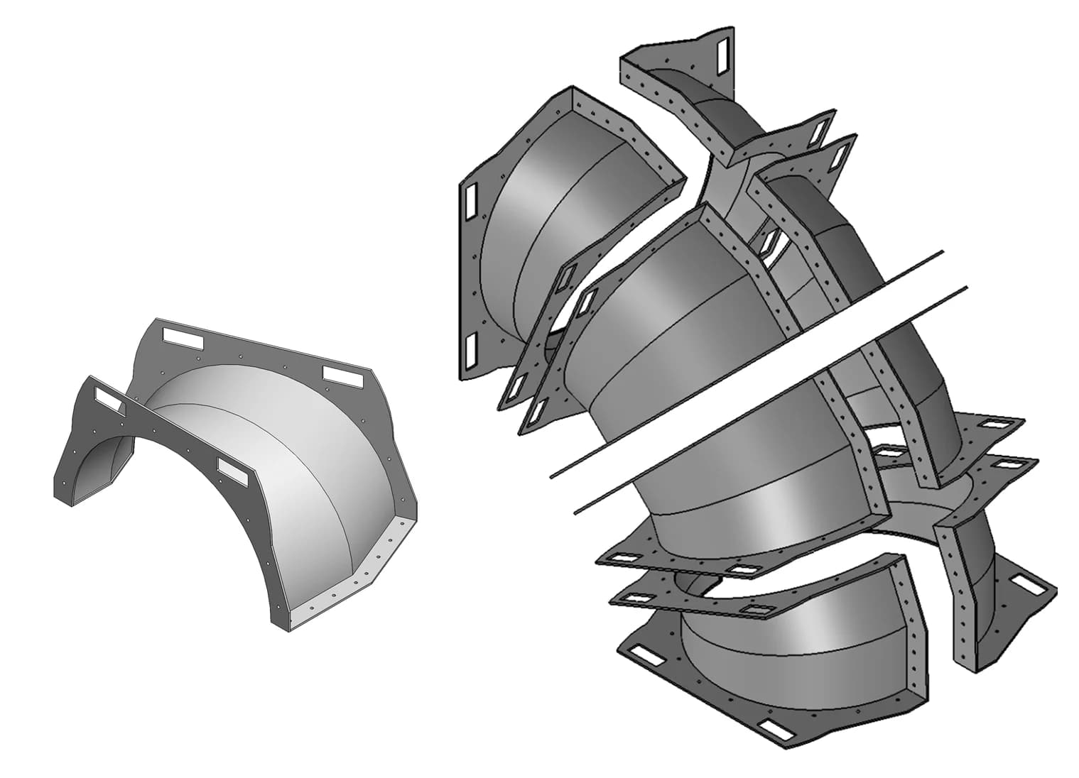 Segmented HDPE bend shown as a single assembled section and as an exploded set of flanged segments