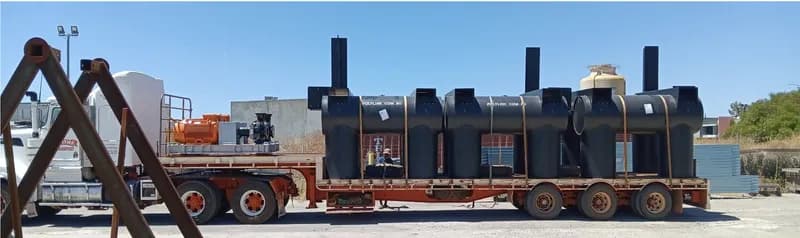 Completed Polyline pump platform assemblies loaded on a flatbed for transport