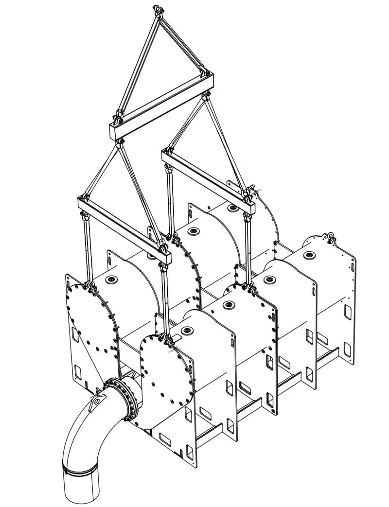 SolidWorks engineering — multi-section HDPE assembly under a 4-point lifting rig