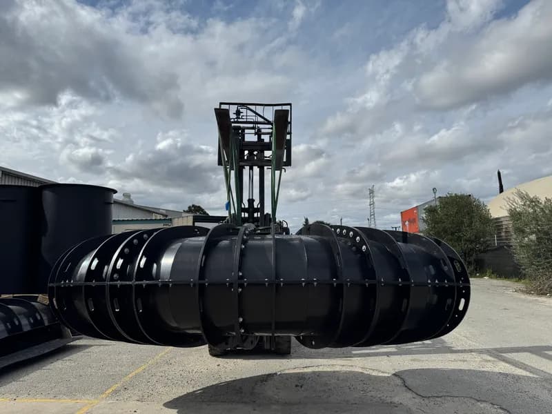 Bolted segmented HDPE duct section lifted on a forklift in the Jandakot yard