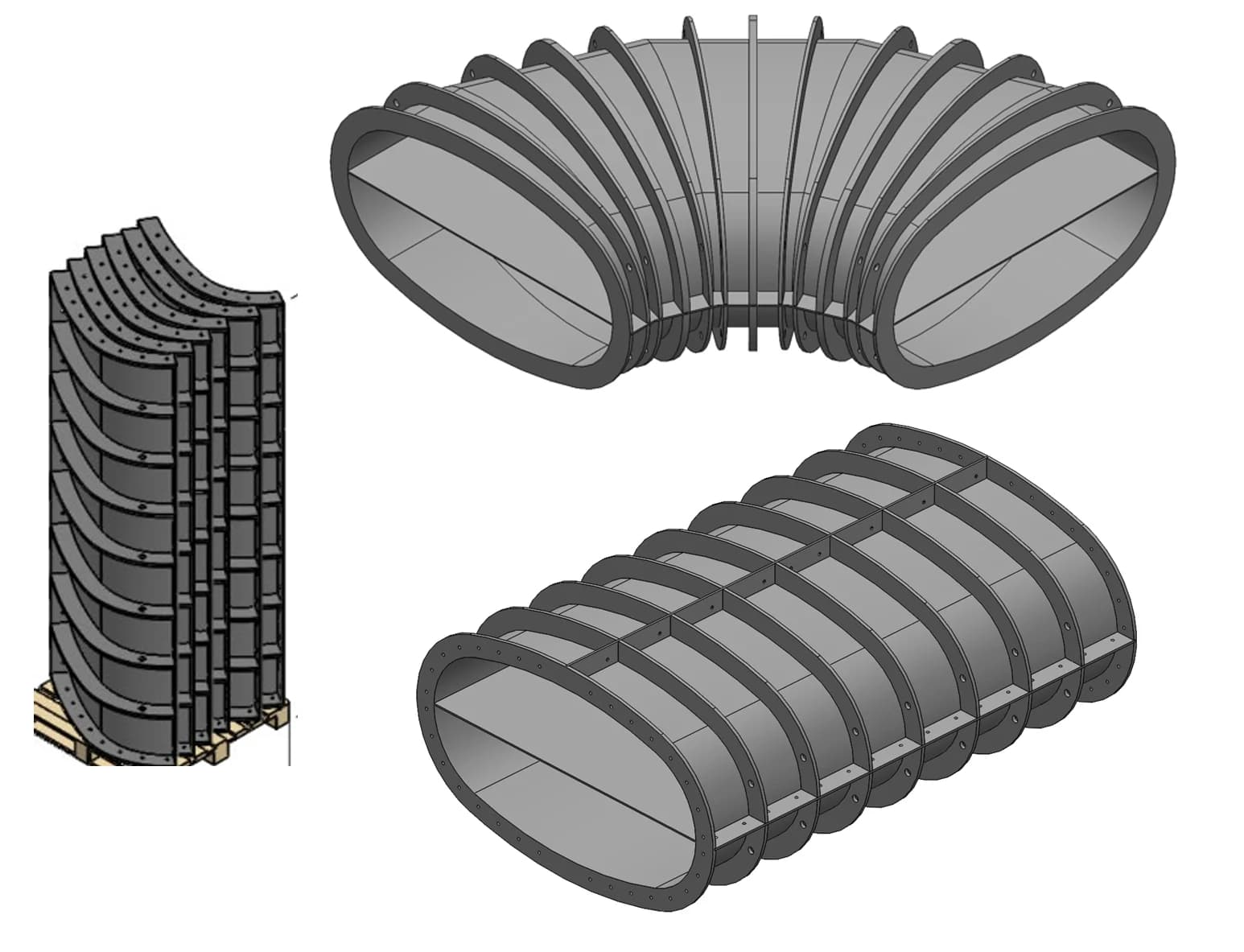 Low-profile oval segmented ducting — palletised segments, an assembled bend and a straight run