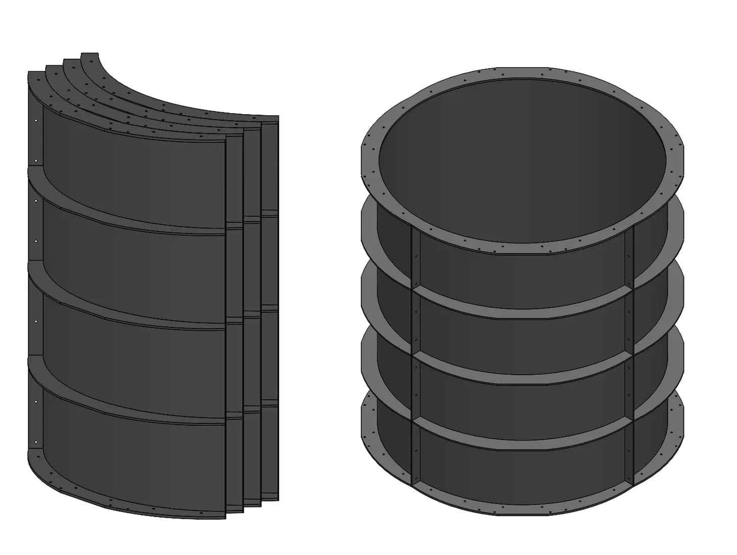 Negative pressure segmented HDPE duct — nested segments beside the assembled ribbed duct section